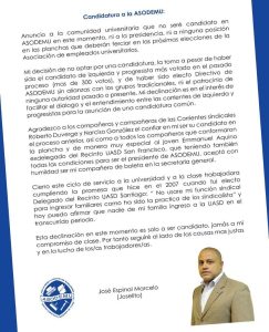 Carta de renuncia a la carrera sindical, julio 2017