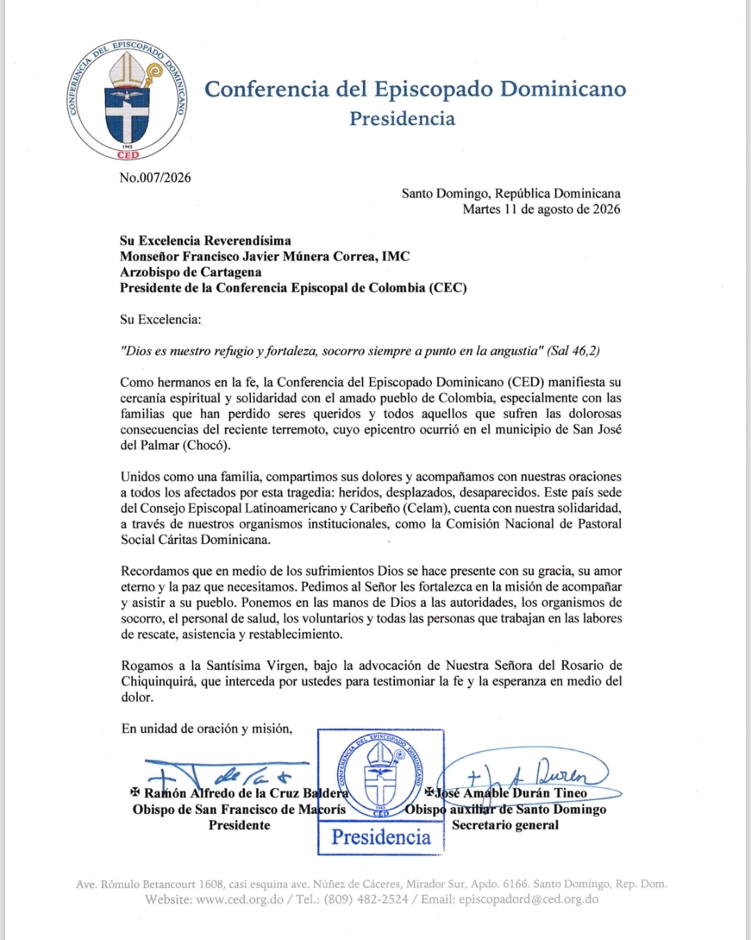 Carta de la Conferencia del Episcopado Dominicano (CED) en solidaridad con el hermano pueblo de Colombia.